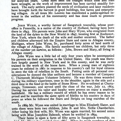 Photocopy of pages 159-160 from the "A Twentieth Century History of Allegan County" by Dr. Henry F. Thomas, 1907, about M.D. Loomis and John Wynn.