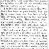          cr1920041604ClaraWilliams.jpg 53KB; Obituary of Clara E. Tidd Williams 1860-1920, the mother of Henry Hankins with her first husband who is only named as 