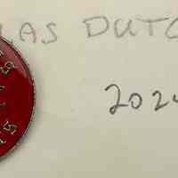          Douglas Dutchers BBC lapel pin.; Round pin with red background with “Douglas Dutchers” printed on it with “BBC” overlaying crossed baseball bats.
   