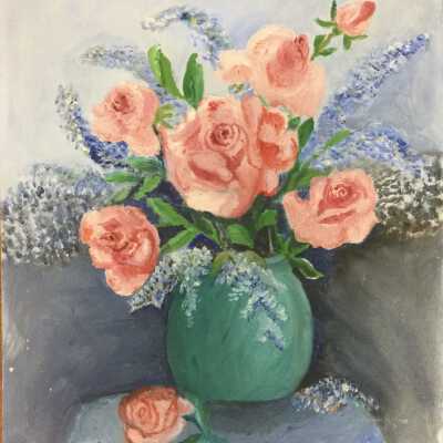 Roses in Green Vase