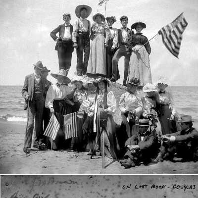 Probably celebrating the 4th of July, this group covered the rock and posed for this great portrait ca 1900. Top from left: Carl Bird, Harry Walker, Fannie Smith, Mattie Dole, Courtney Barber, Bessie Taylor Bottom from left: James Brown, Harry Bird, Minnie Hanchel, Ethel Sutton, Flossie Dennis, Ada House, Winnie Dole, Pearl Phelps, Bessie Bandle, Jayson Dick, Steve Francis.: Lost Rock group tu -- Image "touched up"