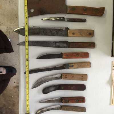 Collection of Demmy's very sharp knives: Also a handled sharpening stone and fish scaler