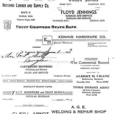 The letterheads and statements on this page are area companies that did business with the airport 1947 to 1949. They, are part of a box of old documents brought to the Society recently by Paul Zigterman.: Source: SDHS newsletter insert pgs. 65-67
