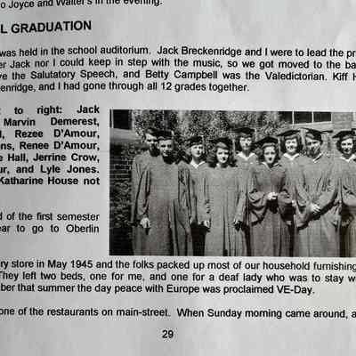 Graduates Jack Breckenridge, Marvin Demerest, Betty Campbell, Rezee D'Amour, Margaret Sessions, Rezee D'Amour, Margaret Sessions, Renee D'Amour, Pat Ball, Eugene Hall, Jerrine Crow, Richard D'Amour, and Lyle Jones. (Helen Hertzer, Katharine House not included)