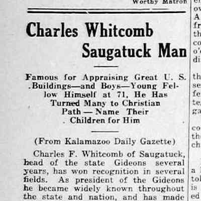 Reprint of Kalamazoo Daily Gazette article in May 18, 1928 Commercial Record, part 1: source: https://www.findagrave.com/memorial/22772191/charles_f-whitcomb/photo#view-photo=53478134
