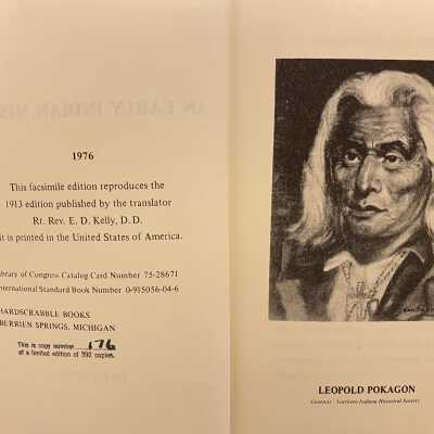 Verso of 1976 Ed title page: Copy 176 of An Early Indian Mission featuring drawing of Leopold pokagon