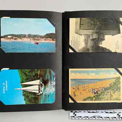1005V Water skiing in front of Saugatuck Public Beach 1962 56242-B, Sailing at Saugatuck 7155-C, The Old Mill at Pier Cove with poem by Charlotte Ellis Macdonald, Bathing beach 6A-H2454