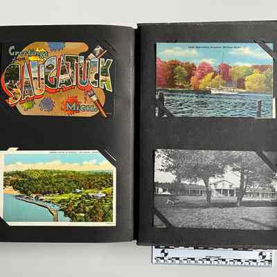 Greetings from Saugatuck palette 6B-H787, Summer School of Painting [Shriver's Bend] 83895-N, Yacht approaching Saugatuck 5C-H191, Berry Cove Motel