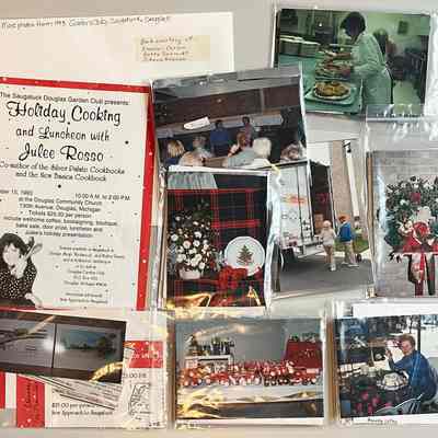 1993 scrapbook contents in white envelope: Holiday Cooking luncheon with Julee Rosso. Scrapbook compiled by Eleanor Carson, Betty Schmidt and JoAnne Krause.