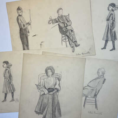 Clothed figure drawings, pencil, 9x12"