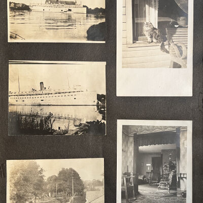steamships and pavilion, a street with sidewalks (perhaps views from roof to Koning Hardware), a cat, a parlour