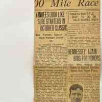          Reverse side of the newspaper clipping; Includes story about 1927 baseball pennant race
   