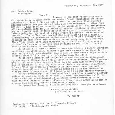 Typed version of Oshea Wilder's letter to Lucius Lyon, dated September 26, 1837