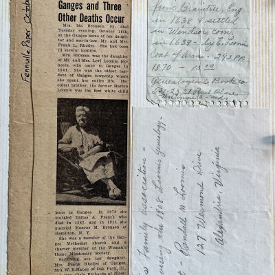 "Fenville Paper" October 1945: Also included are two notes about Joseph Loomis' origins and Loomis genealogists Randall M. Loomis, 127 Wesmond Drive Alexandria, Virginia.
