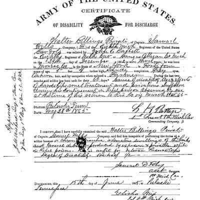 image005.png 352kb: Walter Billings of Peach Belt, Ganges Township was 44 when he enlisted with the 8th Michigan Cavalry. He was captured and imprisoned for more than four months. After his return he suffered continued ill health. On this Certificate of Disability for Discharge the commanding officer and surgeon note that he is unfit to serve because of "age and the effects of hardships, cruel treatment and privations suffered during his confinement in Rebel prisons." Billings returned to his Ganges Township farm where he died in 1899.