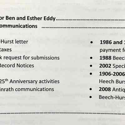 Table of contents, part 2: A 40th Anniversary Poem for Ben and Esther Eddy...
Beech-Hurst Association Communications
• 1980 Junior Beech-Hurst letter
• 1981 Beech-Hurst taxes
• 1981 Heritage book request for submissions
• 1984 Commercial Record Notices
• 1985 Lodge plans
• 1985 Beech-Hurst 25th Anniversary activities
• 1985-1986 Bruce Linrath communications
1986 and 1989 Beech-Hurst Coupon and payment form
• 1988 Beech-Hurst News and addenda
• 2002 Specialties of Beech-Hurst
• 1906-2006 The Tencennial Brelisation of Heech Burst
• 2008 Antiques Roadshow
• Beech-Hurst land blueprints
Acknowledgements
