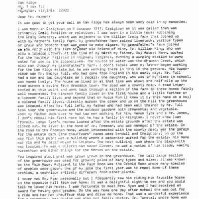 Marmon1.jpg 941KB part 1: Undated letter to Lee Marmon from Charles Mann about Mann's childhood in Virginia, his father and early work experiences. Mr. Ryan is Thomas Fortune Ryan 1851-1928, an ultra-wealthy, Virginia-born financier who maintained the Oak Ridge Estate and Farm in Nelson County, Virginia