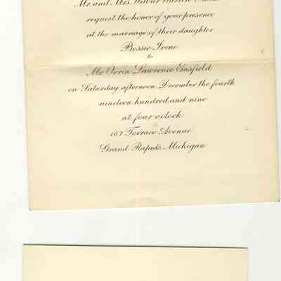 Ens-Bessie-OrrinWeddingInvite.JPG: Bessie Irene Smith wedding to Orrin Lawrence Ensfield 1909, Wilbur Warren Smith at Fennville