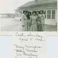          Girls Tara 1942.jpg 409KB; Easter Sunday, April 5, 1942, D? Monique, Betty Powers, Viv Chambers, Margie ?, Jo Monique. Five young women, dressed up for the holiday, posed in front of the Tara.
   