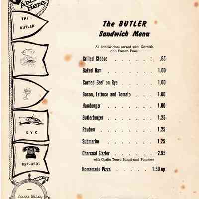 Butler002.jpg - Scan emailed from Chris Yoder, 18 Apr 2025: Drop Anchor Here, Butler Sandwich Menu, Saugatuck Yacht Club, Verser White Manager,