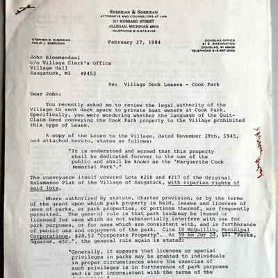 Cook Park dock lease review 1984