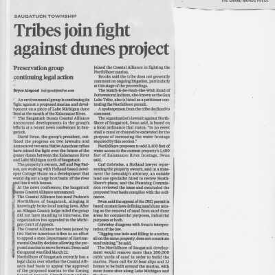 Tribe joins fight against dunes project, The Grand Rapids Press, Bryce Airgood, April 22, 2018