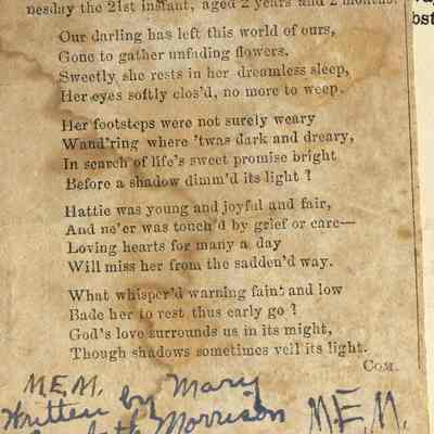 Obit for Daughter Hattie- with poem written by Mary E Morrison-from clipping kept by granddaughter May Francis Heath