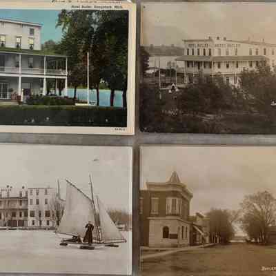 Historic Views of the Butler Hotel and Butler Street downtown Saugatuck Michigan Sheet 07: The image displays four vintage postcards of Hotel Butler and surrounding areas in Saugatuck, Michigan,