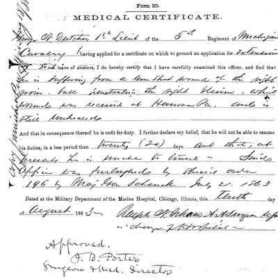 image007.png 254kb: George N. Dutcher, at the time of this Medical Certificate was 1 St Lieutenant in the 5th Michigan Cavalry. The day before the Battle of Gettysburg at Hanover, Pennsylvania, he received a gunshot wound and was sent to a hospital in Chicago to recuperate. In this paper issued August 1 the Chicago doctor notes that he is still "unable to travel." Dutcher was the son of Douglas founders, William F. and Lucinda Dutcher. After the war he traveled around the world, worked for a time in Chicago, and finally returned to Douglas where he died in 1909.