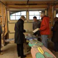          Dec. 8. 2011 totem restoration; Arnold Schafer, Judy Hillman, Jim Schmiechen, unidentified man and woman
   