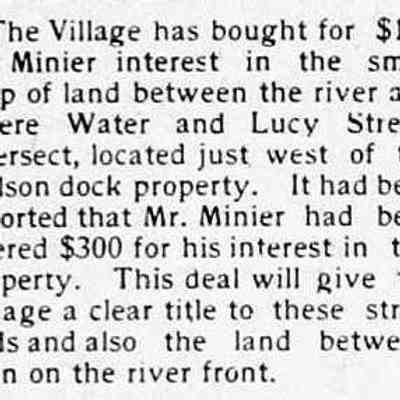 cr1916090704VillageBuysStripOfLand.jpg: Saugatuck buys strip of land where Water and Lucy streets intersect, just west of Wilson dock property from Mr. Minier. May be Willow or Mosquito Park today.