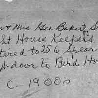          bf008A.jpg 458KB; Digital file on Jack Sheridan Drive 2021.72.02 / Deam-Bird family collection
Mr. & Mrs. George Baker Senior Light House Keepers Retired to 256 Spear St. next door to Bird House c 1900s
   