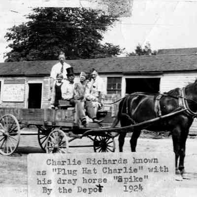 Charlie_Richards_Spike.jpg 475KB: In front of Interurban station from Greg Hoffman album [2022.34.01] and Digital file on Jack Sheridan Drive 2021.72.02
Charlie Richards known as "Plug Hat Charlie" with his dray horse "Spike" by the depot 1924