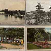          Old Harbor , Summer School of Painting , Tennis Court Sheet 06; The four postcard images show scenic views and activities around Saugatuck, Michigan's Old Harbor area , Summer School of painting of the Art Institute of Chicago and a Saugatuck tennis court with a flower garden
   