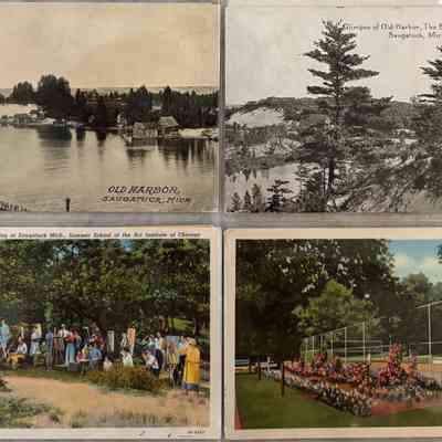 Old Harbor , Summer School of Painting , Tennis Court Sheet 06: The four postcard images show scenic views and activities around Saugatuck, Michigan's Old Harbor area , Summer School of painting of the Art Institute of Chicago and a Saugatuck tennis court with a flower garden