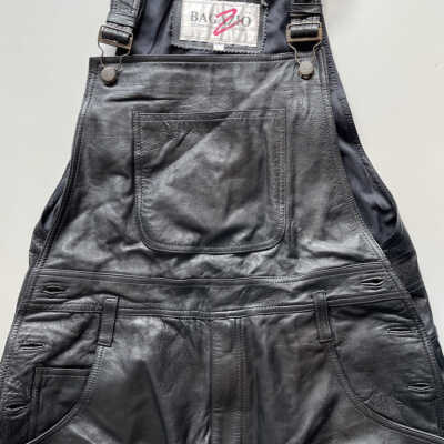 Black leather overalls, lined.