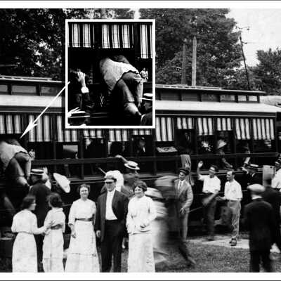 One anxious passenger (inset) boards Interurban through window in 1912 picture.: filename: Interurban crowd ca early 1900s