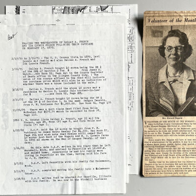 "Tracing the whereabouts of Dallas A. French and Ida Loomis French following their marriage on Feb. 17, 1870" compiled by Helen Hanes Heggem, Roderick French and Howard Heggem, Sept. 1991. Photocopy of two typewritten pages of dated references 1870-1895 (not sourced) and two maps of Ganges.  Also a newspaper clipping with photo of Mrs. Howard Heggem, publication unknown. Helen Hanes Heggem is the daughter of Cora Belle French Hanes.