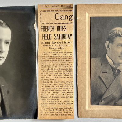 Two photos marked "Uncle Leon French" on back and newspaper story dated March 18, 1938 about the accidental death of Leon D. French, 1881-1939. Publication unknown.