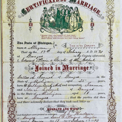 Photocopy of marriage certificate of Dallas A. Finch and Ida Loomis, both of Ganges, dated 17 Feb. 1870.