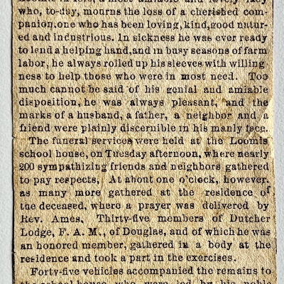 Newspaper clipping, marked 1887, of obituary for Dallas A. French. "He expired in the full vigor of manhood" and left behind a wife and four children. Publication unknown.