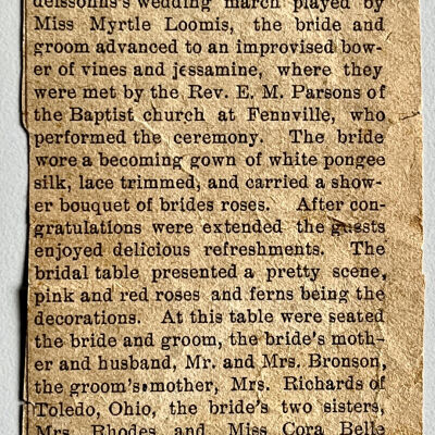 Newspaper clipping "A Joyous Ganges Wedding, Miss Celia French becomes Mrs. Harry C. Richards amid general congratulations." References dated of 1902 and location in Chicago. Publication unknown.