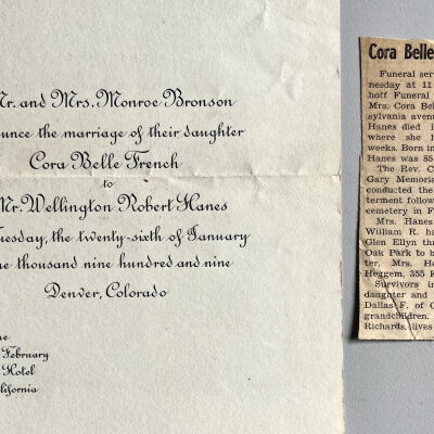 Wedding invitation, 1909, and newspaper obituary for Cora Belle French Hanes, undated by likely 1964.