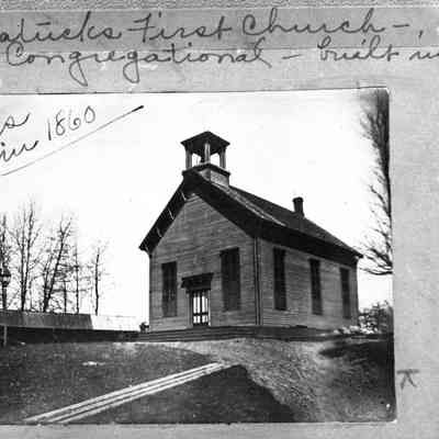 Congre_Church_ca_1890.jpg 912KB: As in 1860

Photo caption from "Raising the Roof," 2nd ed., page 22
1861
Saugatuck's first church. By the time of the Civil War it had 80 members. The pews were rough hewn, straight back seats, painted gray with black trim. It was heated by two pot-bellied stoves. The first community Civil War rally took place here in 1861-to recruit volunteers for the Union army. At this time the American Congregational Church was a leading liberal denomination--and was establishing a large number of colleges throughout the East and Midwest.