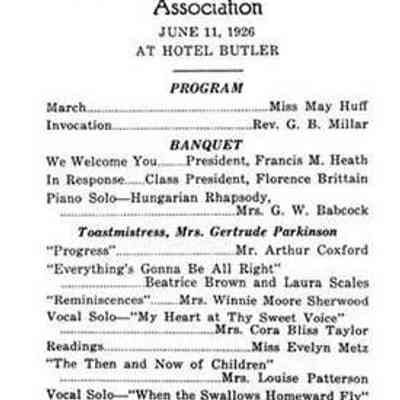 image002.jpg 25KB: May Heath and the Saugatuck High School Alumni Association

The Jun 8, 1894 Lake Shore Commercial (Commercial Record) announced that the graduates of Saugatuck High School had formed an Alumni Association! The president was Minnie Breuckman, the vice president was 21-year-old May Francis Heath, G. B. Pride the secretary and Mrs. M. Robinson the treasurer. May was to remain active in this group for the remainder of her life.

When the Alumni Banquet was held in 1899, May hosted it in her own home, with "covers laid for fifty" people. She was selected as the association president for the following year. A copy of the 33rd anniversary program from 1926 shows her son Francis (aka "Ted") Heath was the group's president, but by that time the banquet had migrated to the Hotel Butler.

In 1958, when they celebrated the 65th Annual Banquet, there were 120 in attendance. At that time May celebrated the end of her 40th year as alumni association secretary, and president Bud Edgcomb presented her with "a corsage of orchids as a tribute to her years of loving labor for the Alumni."

The1958 news article covering this event reported:
"Nearly 1,000 graduates have received diplomas from Saugatuck high school, and more that 50 per cent have gone on to higher education, which is quite unusual for a town the size of Saugatuck. "
Officers selected that year included Jerry Bale as president; Larry Jones vice president; Mrs. Heath as secretary; and Henry Brady as treasurer.

Surprisingly enough, SDHS photo historian Jack Sheridan was unable to find any photos in the archives of SHS Alumni Association Activities. Can any of our readers supply some?

-submitted b Chris Yoder
