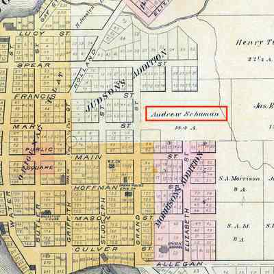1895 plat map with Schuman holdings indicated with red box. 3.2MB