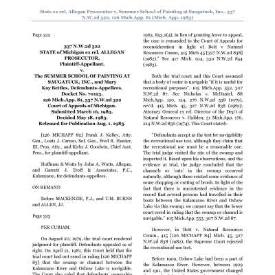 State ex rel Allegan Prosecutor v Summer School of Painting at Saugatuck Inc 337 NW2d 322 126 MichApp 81 Mich App 1983.pdf: PDF provided by Richard Donovan, December 2022