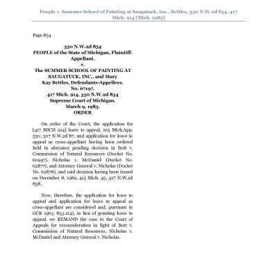 People v Summer School of Painting at Saugatuck Inc Bettles 330 NW2d 854 417 Mich 914 Mich 1983.pdf: PDF provided by Richard Donovan, December 2022