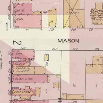 1916-SanView.jpg 2.3MB: Graphic overlaying detail of 1916 Sanborn Fire Map and analysis by James T. Faasen, Aug. 2024

North Side of Mason: "The photo was taken from the vacant lot 172 on Mason street looking northwest towards the drug store.
The two-story dwelling east of the drugstore is shown on the 1916 Sanborn map. That would have been the location of Schaberg’s skating rink back in the day
The building east of that should be Doc Heath’s one-story livery."

South Side of Mason: "On the left is the bank building, aka Friz Walz Meat Market
Small shed with oil drums is on lot 173
The white wooden structure is the back of Jim Davis’ European hotel and restaurant.
The smaller run-down shed on left by the wooden beer case should be behind Crow’s pool hall and barber shop, aka Sand Bar Saloon. So thats on the property line, built on the northeast corner of lot 174
So the well and water pump should be on lot 172 on Capt Brittain’s property."