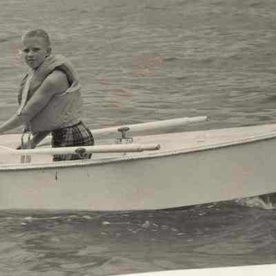 Heuchan01.jpg 506KB: Buz Heuchan in "Slo-mo-shun" dingy with outboard motor boat. Date stamped July 1955.